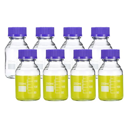 PATIKIL 8 Pack Reagent Media Storage Bottles, 250ml Borosilicate Glass Graduated Round Bottles with GL45 Blue Screw Cap for Lab Water Reagent Liquids, Clear