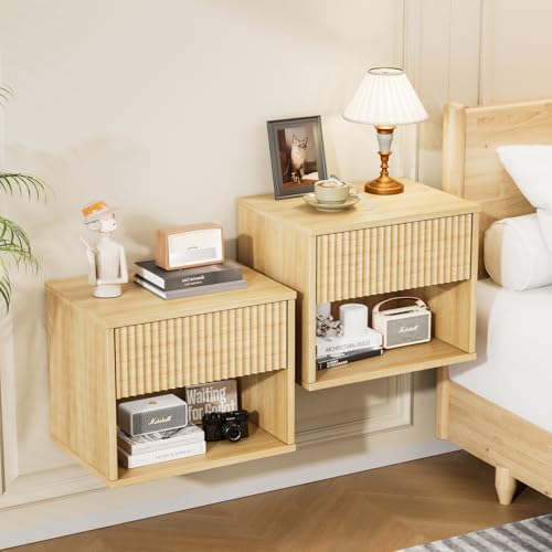 VINGLI Floating Nightstand Set of 2 Fluted Nightstands with 1