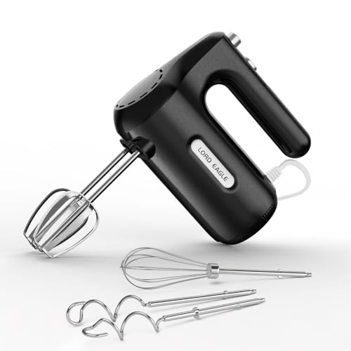 Lord Eagle 5-Speed Hand Mixer Electric, 300W Compact Handheld Mixer, Portable Kitchen Egg Beater with 5 Attachments & Storage Bag, Cake Supplies for Bread Dough Baking, Lightweight, Black