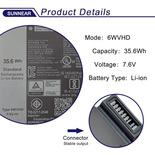 Image of 6WVHD 451-BDDY Laptop Battery 35.6Wh Replacement for Dell Latitude 7230 Rugged Extreme Tablet Dell T06H T06H001 Series Notebook 6WVHD FNW8F 0VDDJY VDDJY 0JM6CX JM6CX 7.6V 4-Cell