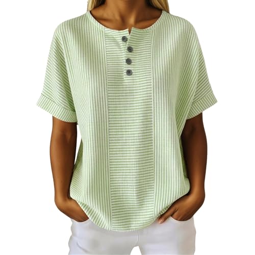Houjibfa Striped Shirt Women Short Sleeve Crewneck Button Up Trendy T Shirts Summer Casual Loose Tunic Tops Travel Clothing Light Green