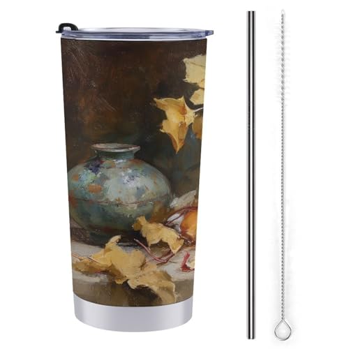 Jubonexis Vaso de viaje de 20 onzas, botella de agua de cerámica borgoña vieja, taza de café aislada al vacío de acero inoxidable con tapa de popote y cepillo de limpieza