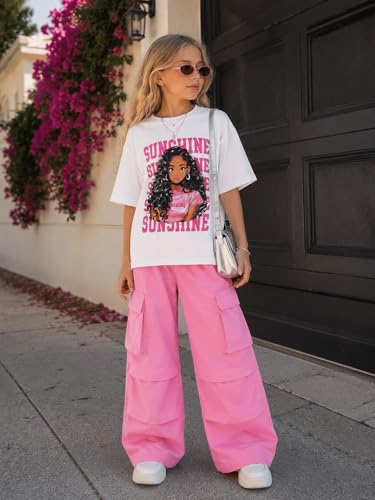 Image of Tween Girls Clothes Short Sleeve Graphic T-Shirt Top + Cargo Pants 2pcs Outfit Set, Size 7-15Years