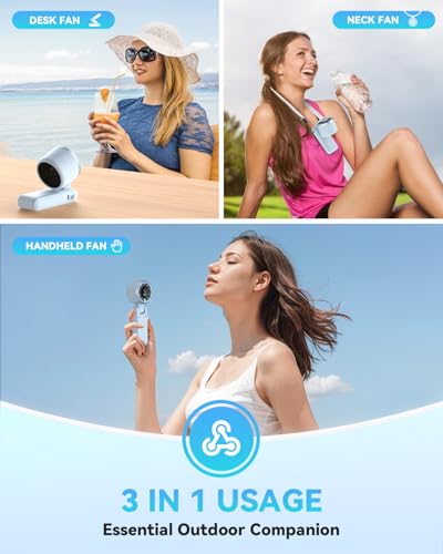 Image of PlayHot Portable Handheld Turbo Fan, Travel Essentials, Gifts for Women /Men | 5-Speed, Up to 12H, 10m /s Airflow, USB-C Rechargeable, LED Display, 3-in-1 Foldable Personal Fan for Cruise, Beach, Vacation