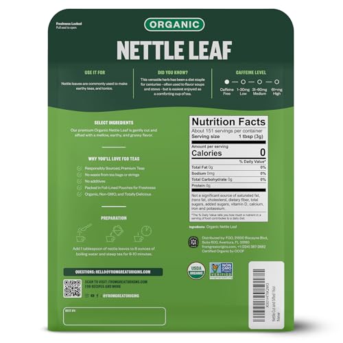 Image of FGO Organic Nettle Leaf Loose Tea, Cut and Sifted, Caffeine Free, 16oz Bulk Resealable Bag, Packaging May Vary (Pack of 1)