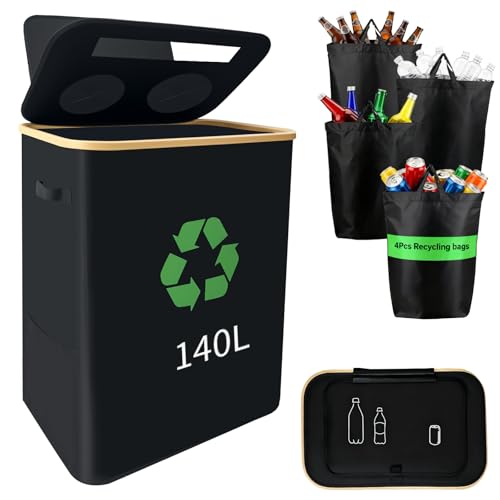 lompyeu 140L Pfandflaschen Sammelbehälter 2 Fächer Pfandflaschen Behälter [inkl. 4 XXL Tragetasche] Leergut & Altglas Aufbewahrung mit Loch Flaschensammler leergut für Küche & Abstellraum