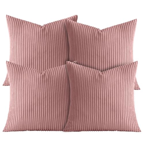 AMEHA Soft Stripe Blush Pink Velvet Cushion Covers 45 x 45 cm Set of 4 Pcs with Invisible Zipper Decorative Square Throw Pillowcases for Bedroom, Sofa (18x18 inch Stripe Cushions)