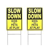 Slow Down Kids And Pets at Play Yellow Yard Sign 12” x 17”| Double-Sided Safety Slow Down Children Signs for Sidewalks, Yards and Driveways With H Stakes(2Pcs)