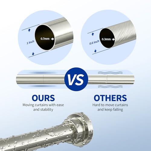 Image of Mcrbeay Shower Curtain Rod, 1 inch Diameter Heavy Duty Tension Shower Rod, Non Slip Adjustable 28-46 inch No Drilling Shower Curtain Rods Spring Tension For Bathroom, Shower Stall, No Rust, Nickel