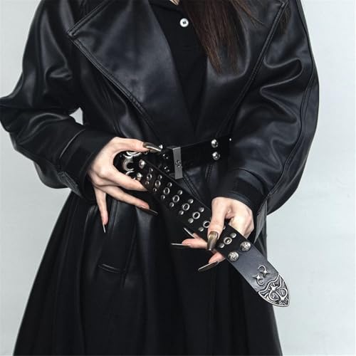 Women's Retro Punk Rivet Belt Adjustable Double Row Hole Secure Nonslip Clasp Sash PU Leather Waist4