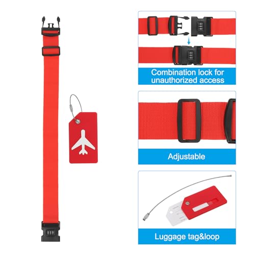 Image of PATIKIL Luggage Strap with Combination Lock Luggage Tag and Loop 78 inchx2 inch, 4 Set Adjustable Suitcase Belt for Travel Packing Bag Closure Identify, Red