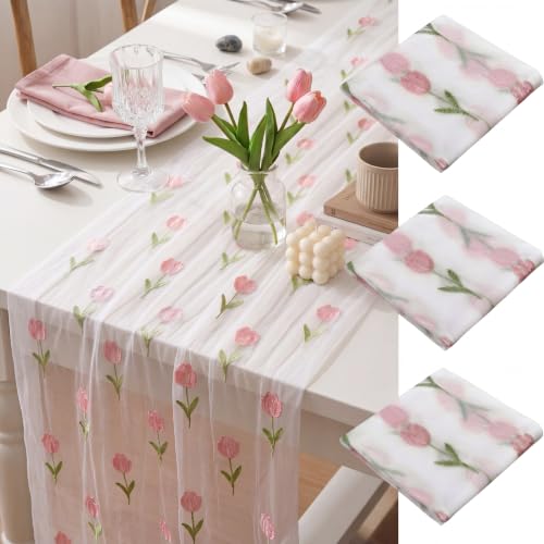 Mindsoft 3 Pcs Pink Floral Tulip Table Runner 10ft Gauze Embroidery Tulip Sheer Floral Tulle Easter Lace Table Runner for Wedding Bridal Baby Shower Holiday Dining Decor DIY