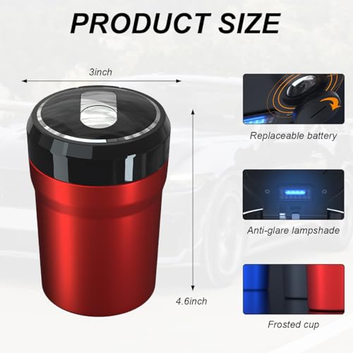 Image of DXNQ Car Ashtray with Lid, Easy Clean Up Detachable Smokeless Ashtray with LED Blue Light, Portable Mini Ash Tray Cup Holder for Car Home Office Travel, Interior Auto Accessories (Red, Larger)