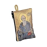 NKlaus Rosario 7 x 10 cm – San Benito bordado dorado con barra y cruz, con cremallera y correa de transporte, estuche religioso para oración y protección