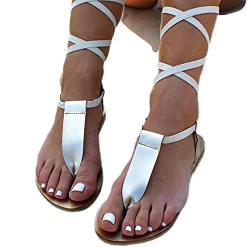 Image of Flat Knee High Gladiator Sandals for Women Strappy Lace Up Bohemia Sandals