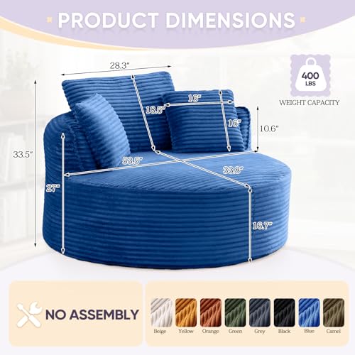 Image of Antetek 53.5-inch Round Chair, Modern Accent Corduroy Comfy Deep Seat Boneless Foam Floor Single Circle Chaise Sofa Chair with 3 Pillows for Living Room Bedroom Office, No Assembly Required, Blue