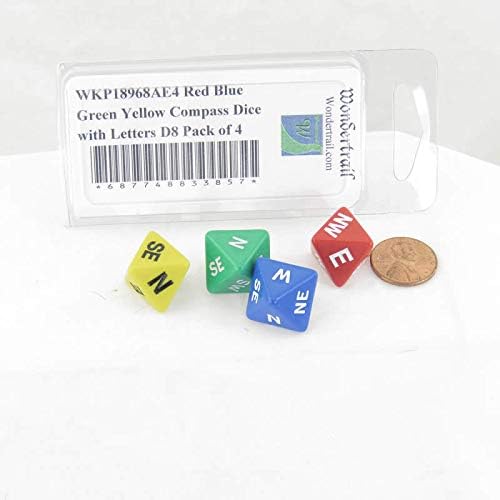 Red Blue Green Yellow Compass Dice with Markings D8 16mm (5/8in) Pack of 4 Wondertrail