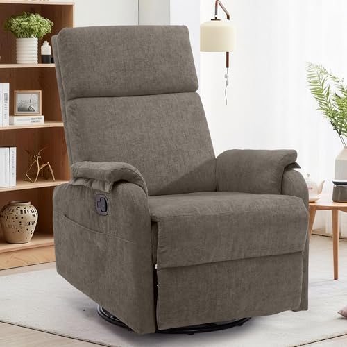 Image of Korser Recliner Chair, Swivel Rocking Recliner Chair for Adults, Glider Rocking Chair, Small Nursery Chair Recliner for Living Room, Reclining Chair with Modern-Designed Armrests, Chenille, Brown
