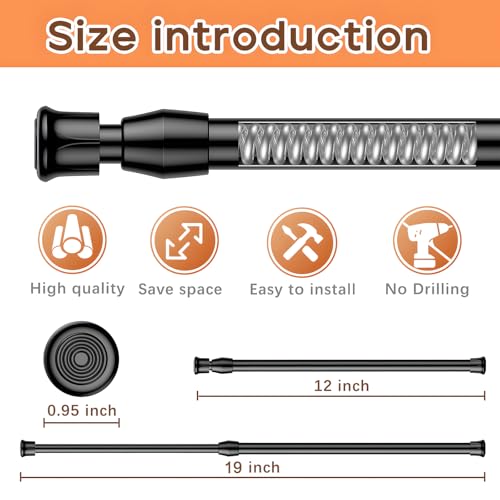 Image of AIZESI 2PCS Black Tension Rod 12 to 19 Inch Spring Tension Rods Short Curtain Rods, Adjustable Small Tension Rod Spring Tension Curtain Rod for Windows Closet Cupboard