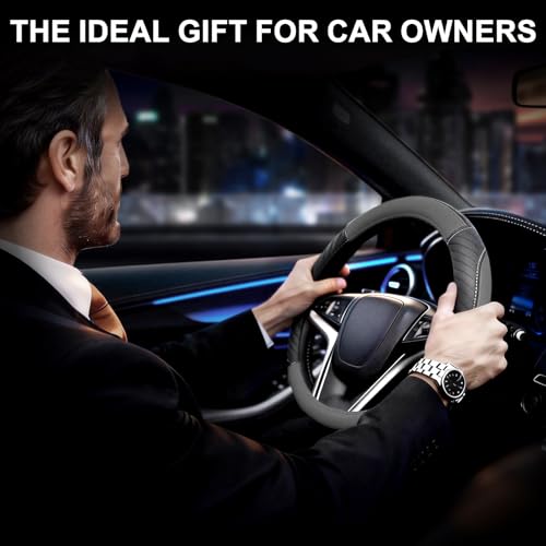 Car Steering Wheel Cover Leather - Soft Microfiber Steering Wheel Cover Universal Size M 37-38cm /14.5-15inch, Anti-slip, Breathable, Gray - Image 5