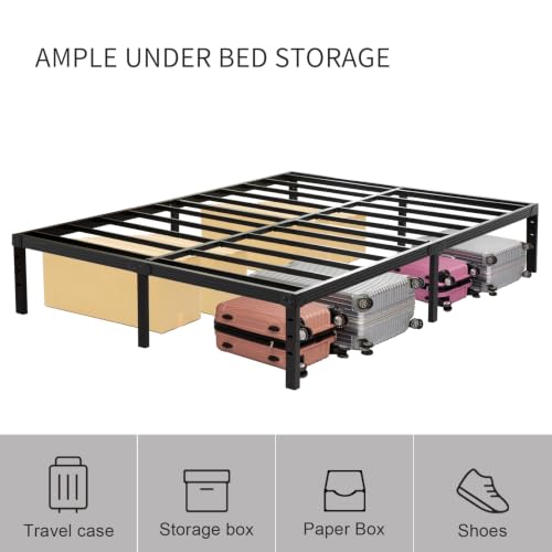 Image of Wulanos Queen Size Bed Frame, 3500lbs Heavy Duty Metal Platform with Steel Slats Support, Sturdy and Noise-Free, 14 Inches High Bedframes with Ample Storage, No Box Spring Needed