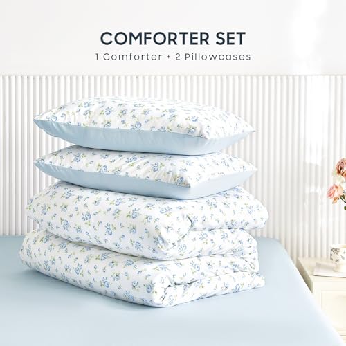 Image of Wake In Cloud - Floral Comforter Set, Coquette Cottagecore Aesthetic Flower Shabby Chic Pattern for Women Teen Girls, Soft Lightweight Bedding, 3 Pieces, White Blue, Queen Size