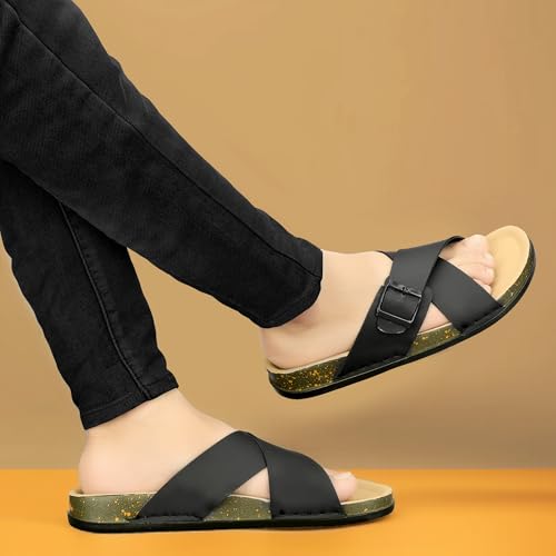 Image of Men Cross Strap Buckle Slippers | Casual Sandals for Men | Comfortable Footwear | Stylish Slip-On Sandals | Anti-Slip Rubber Sole