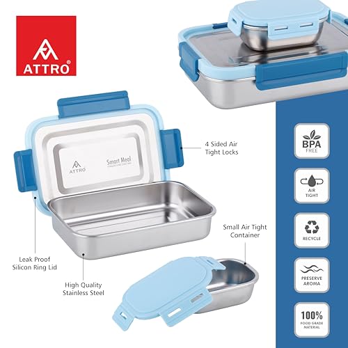 Image of ATTRO Smart Meal Medium Stainless Steel Lunch Box with 1 Small Container Airtight Spill-Proof BPA Free Food Grade Ideal for Office, School, Picnic- Blue-800ml+170ml