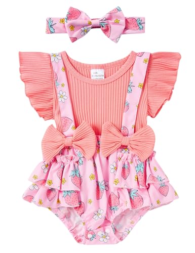 Image of UNICOMIDEA 6-12 Month Girls Summer Clothes Unique Pink Strawberry Baby Rompers Casual Ruffled Sleeves Infant Girl Outfits Animal Print 1st Birthday Bodysuit with Design