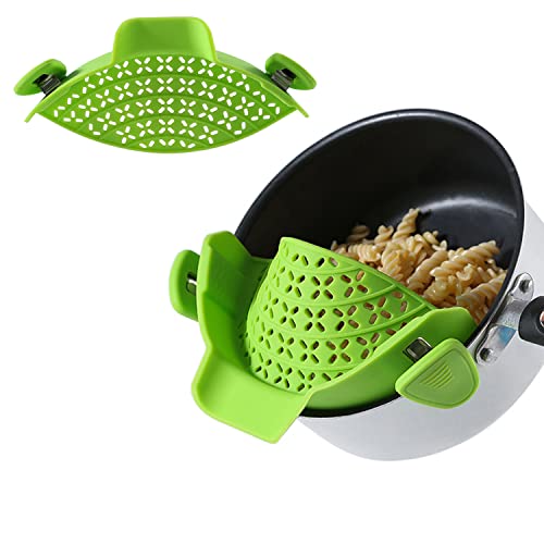 Clip-on Strainer Colander, V-Fyee Silicone Snap on Pots Pans Bowls Kitchen Pasta Strainer Draining Ground Beef Grease, Fruit (Green 02)