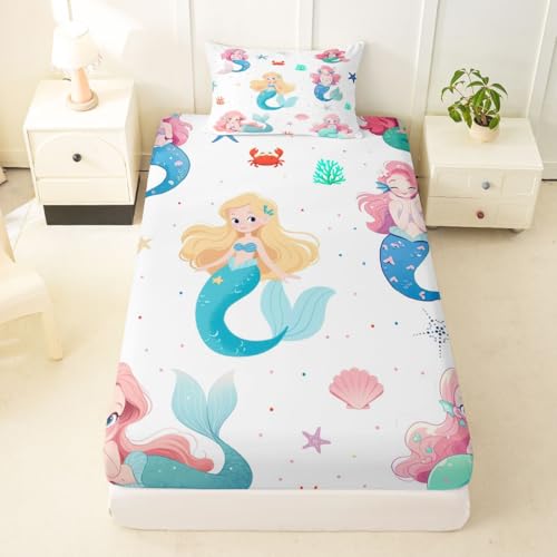 Image of jejeloiu Mermaid Bed Sheets Set Twin Size Mermaid Tail Deep Pocket Fitted Sheet Sea Animal Bedding Sets Ocean Theme Soft Bed Set 3Pcs with 1 Pillow Cases