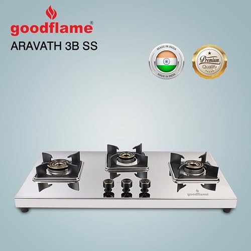 Image of goodflame Aravath 3 Burner Stainless Steel Gas Stove for Kitchen | Heavy 2MM SS Body | Brass Burners | 2 Year Warranty | ISI Certified | Manual Ignition | LPG Ready and PNG Compatible, (Silver)