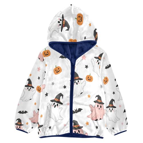 Halloween Ghosts Pumpkins Bats Toddler Fleece Jacket Girl Boys Hooded Fleece Jacket Coat Warm Outwear Zip-up 3-10T