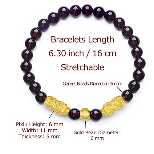 24K Solid Gold Bracelet for Women, Real Pure Gold Jewelry Fortune Pixiu Garnet Beaded Bracelet for Men2