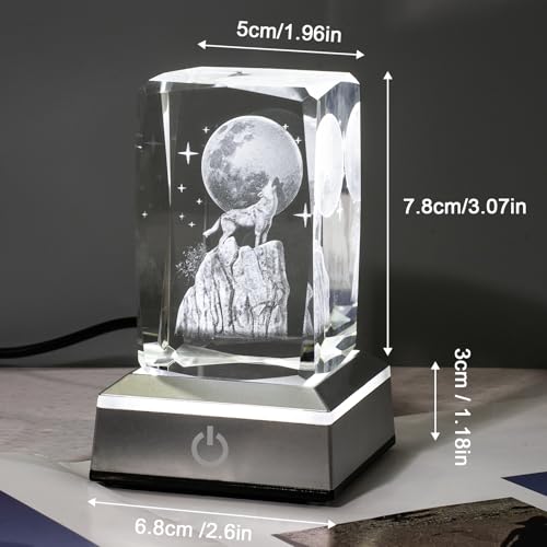 Image of 3D Wolf Crystal Night Light with Multicolor LED Base Glass Laser Engraved Wolf Figurines Statue Gifts for Boys Girls Birthday Christmas Room Decor