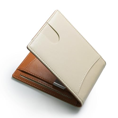Image of Slim Bifold Wallet for man with Money Clip - RFID Blocking, Multiple Credit Card Pockets - Sleek and Versatile Design - Genuine Leather - Ideal for Cash and Cards (Beige - Brown)