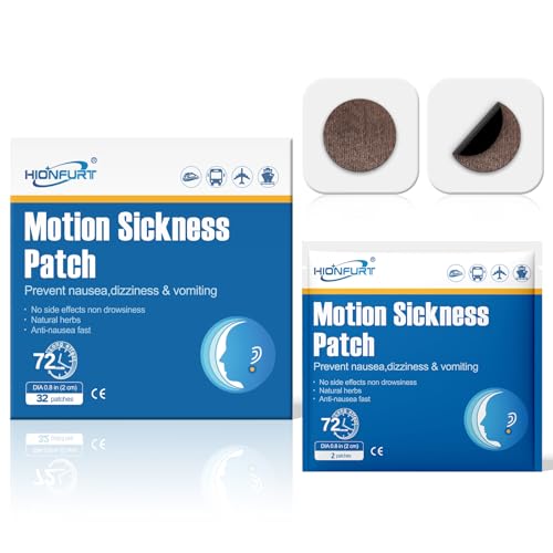 Hionfurt 32ct Motion Sickness Patches – Sea Sickness Patches for Cruise, Car, Airplane, and Other Travel – Non-Drowsy, Effective, Lasts 72 Hours
