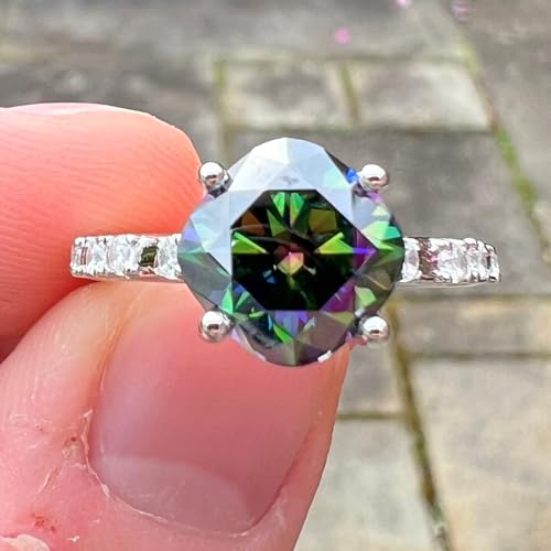 Generic Colorful 3 Ct. Green Rainbow Moissanite Ring, 18K White Gold Over Silver, Cushion Cut With Side Moissanite Accent Stones (8), Greenish purple2
