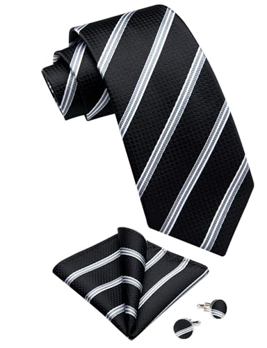Image of DiBanGu Striped Tie Set for Men Silk Woven Plaid Necktie and Pocket Square Cufflinks Business Wedding