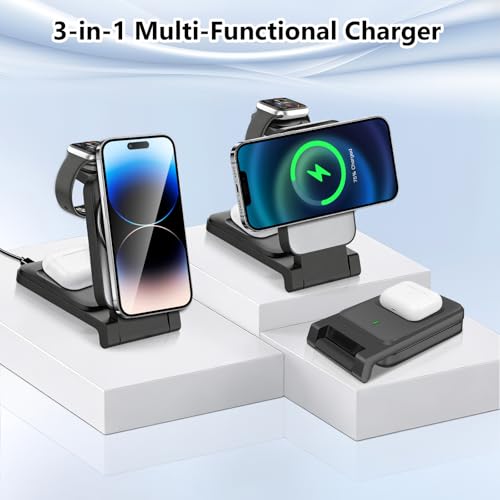 Kdishkra 3 In 1 Caricatore Wireless Apple, 15W Stazione Di Ricarica Rapida, Wireless Charger Rapida Per Iphone 17/16/15/14/13/Pro/Max/Plus, Apple Watch Ultra 3/11/10/9/8/7/6/SE 3, Cuffie Apple - 3