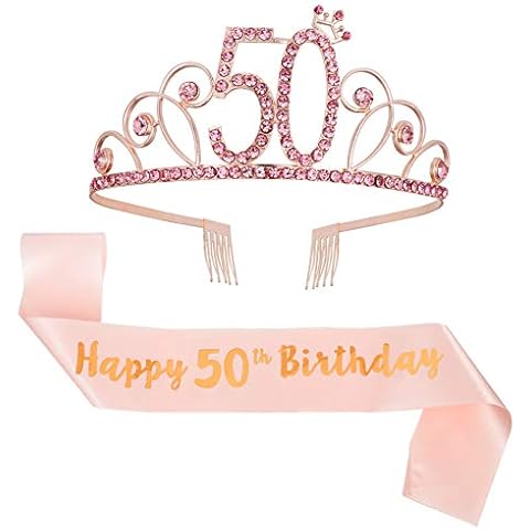 Bohoman Rose Gold Happy 50th Birthday Sash and 50 Birthday Tiara Rhinestone Crown Headband for 50 Birthday Gift Party Accessories 50th Birthday Decoration Girls Women Cover