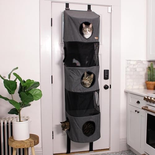 K&H Pet Products Hangin Cat Tree Condo 5 Level Door Mounted Cat Furniture, Space Saving, Mesh Levels, Peep Holes, Interconnecting Levels, Collapsible, Tool-Free Assembly - Gray - Fits Doors <80in H
