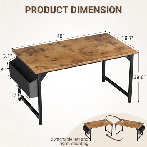 Furmax Computer Desk 48 Inch Small Office Desk with Storage Bag & Headphone Hook, Workstation for Home Office, Modern Writing Study Table (Rustic Brown) - Image 4