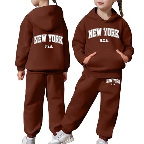 Girls Sweatsuit Set - 2 Piece New York Letter Print Graphic Pullover Hoodie Sweatshirt and Sweatpants Jogger Sets 2-13Years