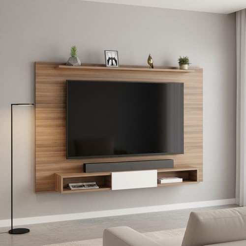 Image of FURNEASER Arsy Wall Mounted TV Unit for Living Room | Floating TV Stand with Back Panel & Storage Shelves | Modern Wooden Entertainment Center for 43 50 55 Inch TV (Exotic Teak & White)