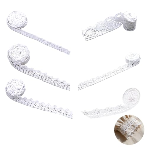 Lot de 6 Rouleaux Ruban Dentelle Blanche en Coton Vintage Assortiment 30 Mètres Total avec 6 Largeurs Variées pour Couture Scrapbooking Emballage Cadeau et...