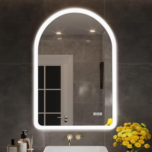 QueenFun Arched LED Bathroom Mirror, 24x36 Fogless White Frame Bathroom Mirror with Lights, 3 Color Dimmable Lighted Bathroom Mirror for Wall, Smart Light Up Bathroom Vanity Mirror Wall-Mounted