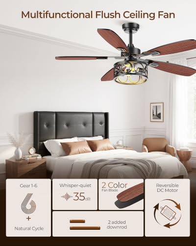 Image of Ceiling Fans with Lights and Remote, 42'' Vintage Caged Ceiling Fan with Light, 5 Blades, 6+1 Speed, Flush Mount Ceiling Fan Whisper-quiet for Farmhouse, Living Room, Kitchen and Porch (42 Inch)