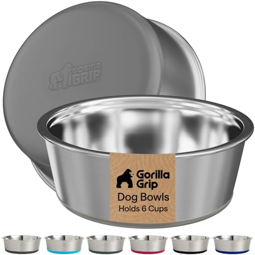Image of GORILLA GRIP Dog Bowls, Food Grade 304 Stainless Steel, Holds 6 Cups Each (48 fl oz) Food and Water Bowl for Feeding Dogs and Cats, Dishwasher Safe, Rust Resistant, BPA Free Rubber Base Set of 2 Gray