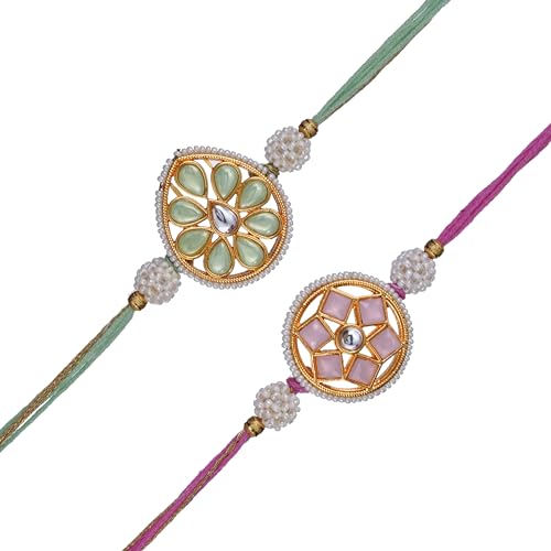 Image of eCraftIndia Set of 2 Kundan Beads Beautiful Peacock Designer Rakhis with Roli Chawal Pack